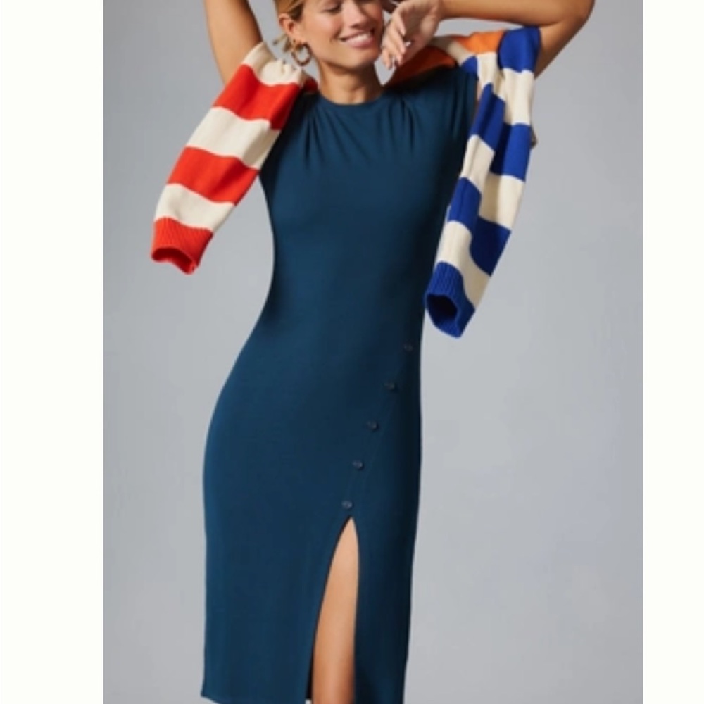 Elegant Teal Anthropologie Dress with Button Detail